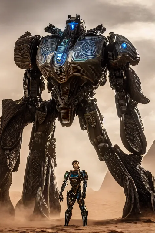 Image similar to cinematic still in dune movie and pacific rim movie and ps 5 game machine warrior 5, intricate ornate humanoid mecha warrior,