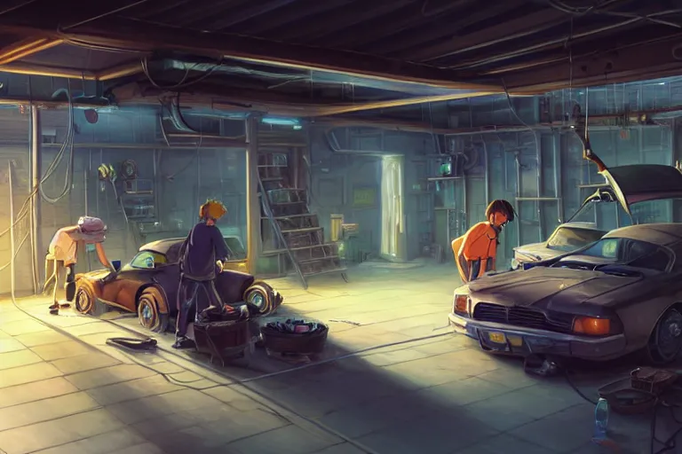 Prompt: rats fixing cars in the garage, key visual, a fantasy digital painting by makoto shinkai and james gurney, trending on artstation, highly detailed