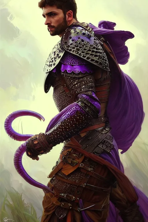 Image similar to male fighter wearing a full plate armor fighting a giant d&d purple worm, fantasy, amber eyes, face, long hair, intricate, elegant, highly detailed, digital painting, artstation, concept art, smooth, sharp focus, illustration, art by artgerm and greg rutkowski and alphonse mucha