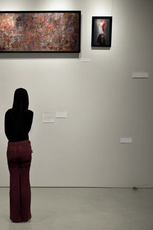 Prompt: emo woman standing on a small pedestal, as an exhibit in an art gallery, editorial photo