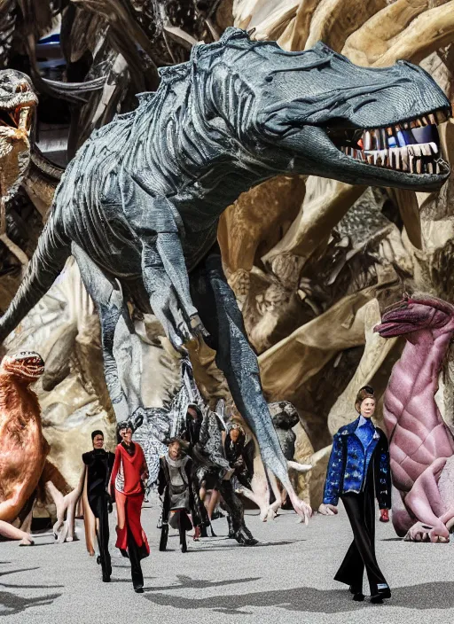 Prompt: hyperrealistic and heavy detailed balenciaga runway show of dinosaurs, leica sl 2 5 0 mm, vivid color, high quality, high textured, real life
