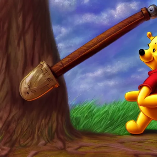 Prompt: Winnie the Pooh holding a giant sword, hd, intricate, Kingdom Hearts, 8k, digital art