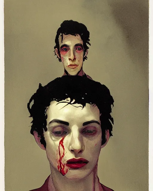 Prompt: a beautiful but sinister young man in layers of fear, with haunted eyes and wearing a linen shirt, 1 9 7 0 s, seventies, floral wallpaper, wilted flowers, a little blood, morning light showing injuries, delicate embellishments, painterly, offset printing technique, by brom, robert henri, walter popp