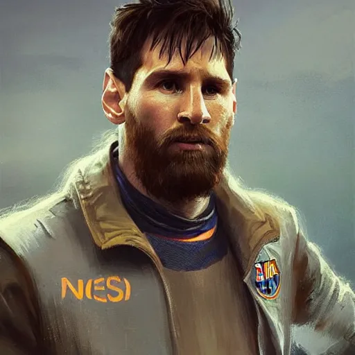 Prompt: portrait of lionel messi by greg rutkowski, cade skywalker, messy blond hair, beard, tall and muscular, star wars expanded universe, he is about 3 0 years old, wearing a flying jacket, distrustful and arrogant, highly detailed portrait, digital painting, artstation, concept art, smooth, sharp foccus ilustration, artstation hq