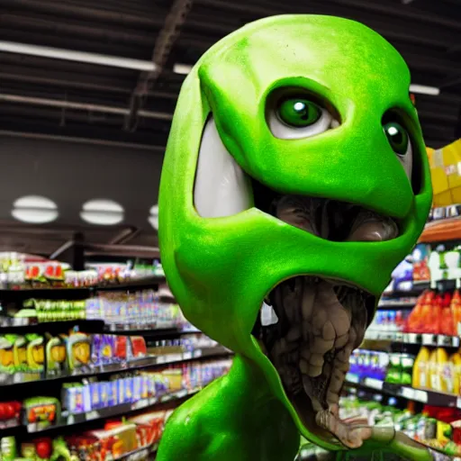 Image similar to mid shot of a green alien buying groceries at the store shot by amanda carlson and alex strelkovv, professional photo, masterpiece, very detailed, 4 k