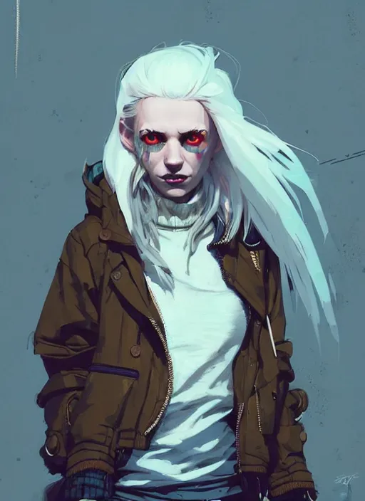 Image similar to highly detailed portrait of a sewer punk swedish lady, tartan hoody, white hair by atey ghailan, by greg rutkowski, by greg tocchini, by james gilleard, by joe fenton, by kaethe butcher, gradient light blue, brown, blonde cream and white color scheme, grunge aesthetic!!! ( ( graffiti tag wall background ) )