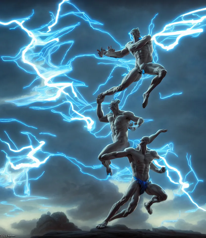 Image similar to zeus god throwing bolts of blue lightning, ultra realistic, dramatic lighting, combative pose, highly detailed by peter mohrbacher, hajime sorayama, wayne barlowe, boris vallejo, aaron horkey, gaston bussiere, craig mullins, octane render, cycles render, vray, iridescent