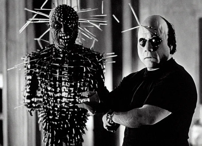 Prompt: film still of Danny Devito!!! as Pinhead in Hellraiser 1987