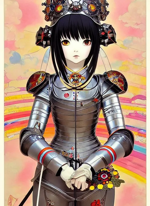 Prompt: takashi murakami, ilya kuvshinov, anime female knight in. ornate armor by, last exile, murata range, fine detail, perfect, dramatic lighting, dynamic composition, art deco, cel shading, vivid, rich texture, alphonse mucha, ( ( ( colorful ) ) ), ( ( ( yoshinari yoh ) ) ),