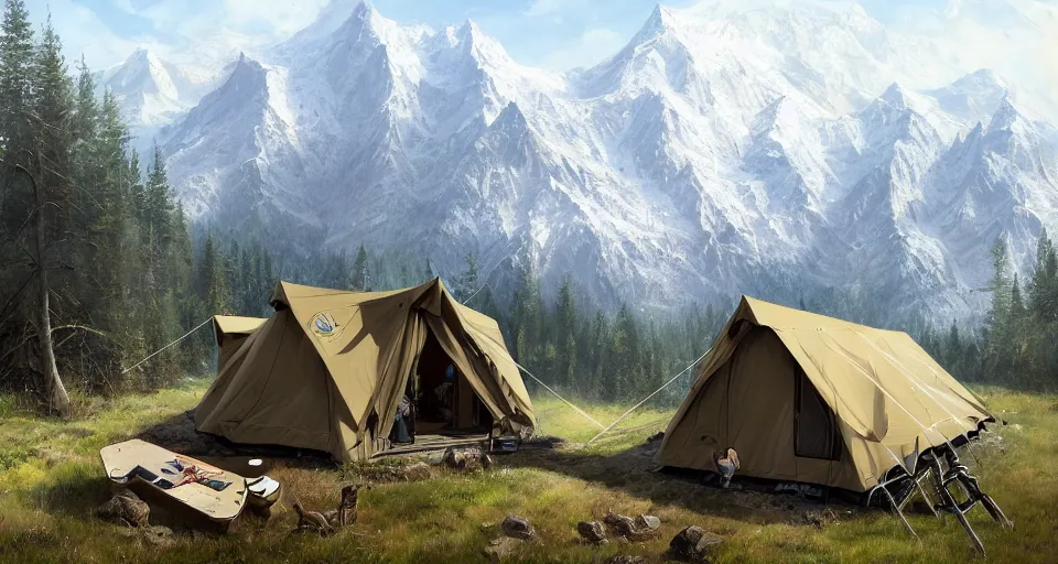 Image similar to cabela's beautiful comfortable carbon framed, military grade, modular insulated wall portable container home kit - house all weather family dwelling tent house, person in foreground, mountainous forested wilderness open fields, beautiful views, painterly concept art, environmental concept art, concept art illustration, by james gurney, by craig mullins, by greg rutkowski trending on artstation