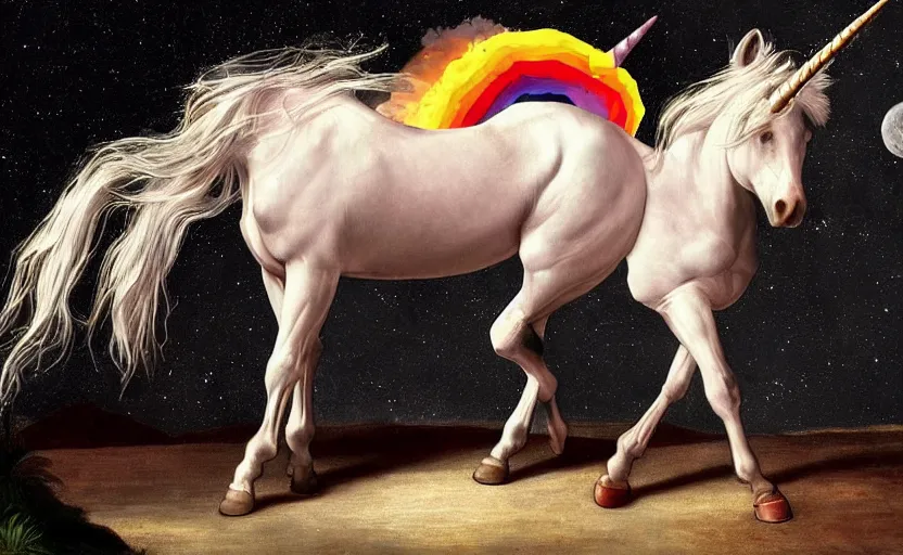 Image similar to a lonely unicorn walking on a rainbow in the universe in the style of Caravaggio, digital art, high quality, highly detailed, high coherence, anatomically correct, Caravaggio, concept art, marterpiece