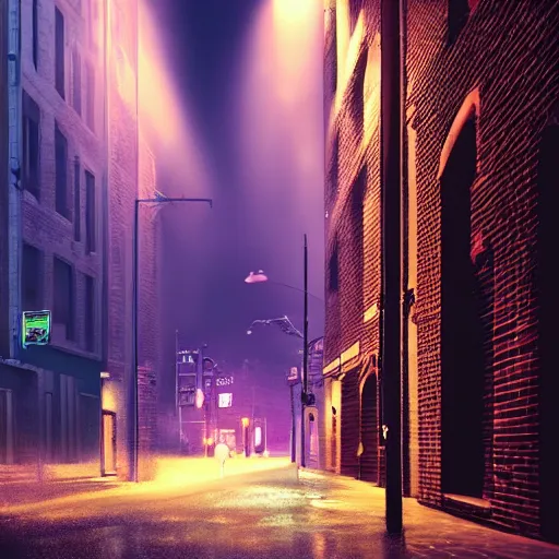 Image similar to dark neon lit streetscape, brick buildings, tall, dark lighting, cars, people, tail lights, headlights, wet rainy night, top - rated, award winning, realistic, detailed lighting, detailed shadows