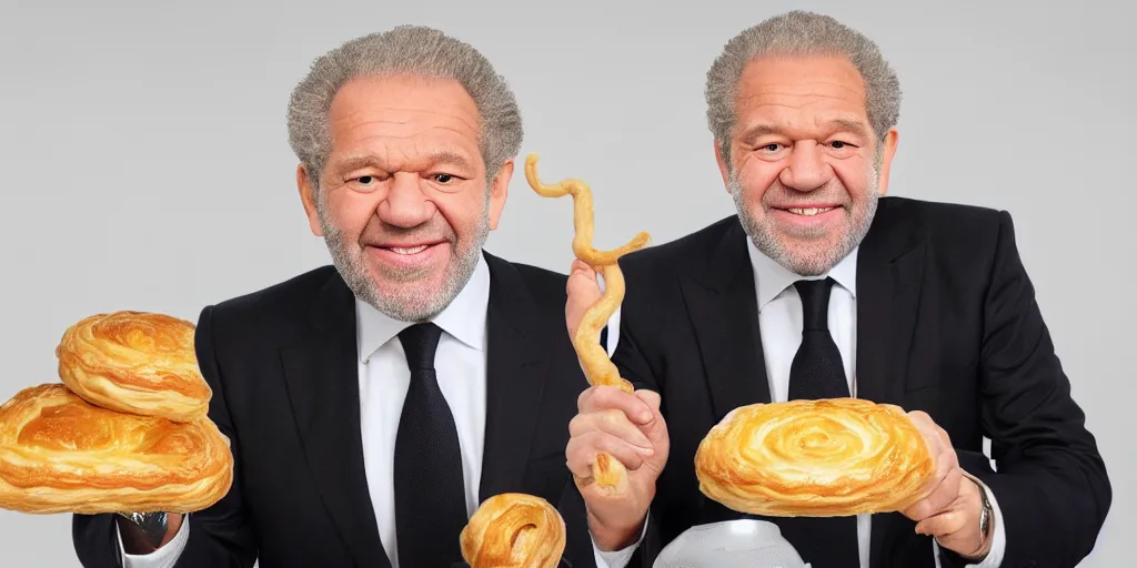 Prompt: alan sugar with really long arms holding some pastry pets