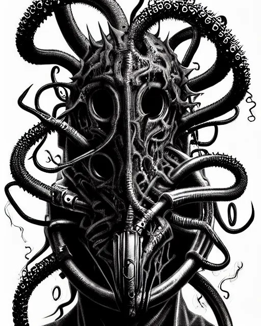 Image similar to Dark scary atomospheric detailed Outsider cyberpunk demon with scaly Tentacles from the Netherealm wearing a gas mask by HR Giger