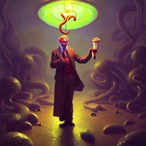 Image similar to portrait painting of cthulhu, bright and energetic, wild tentacles holding ice cream cones, render cinematic lighting art 1 9 2 0 period drama by bussiere rutkowski andreas rocha