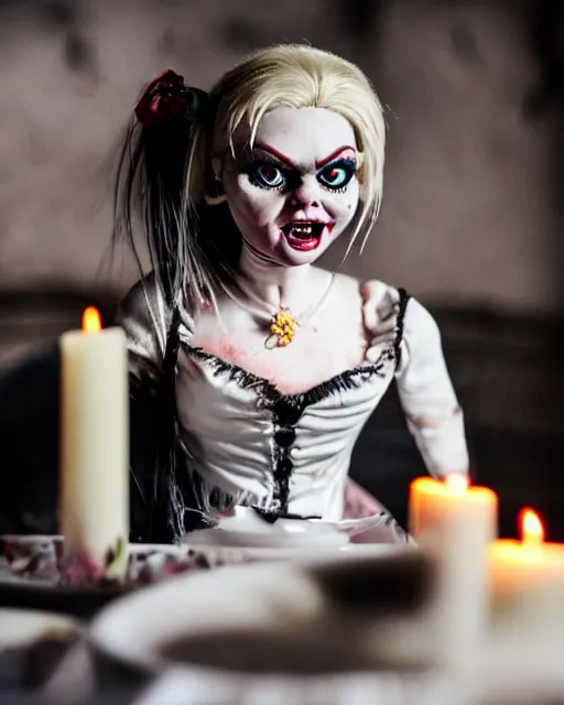 Prompt: film still closeup portrait of a malignant creepy angry grinning confused scary antique filthy victorian porcelain evil barbie bride of chucky doll with black eyes wearing a dirty dress, very long black hair, sitting at a table with candles and broken dishes eating a plate of rotten food crawling with cockroaches, dimly lit filthy room in an abandoned old asylum at night, 8k octane render, dramatic lighting, volumetric lighting, high contrast, graffiti, the ring movie, Guillermo del Toro, Craig Mullins, Arney Fretag, Annie Leibovitz, vintage photo from 1890
