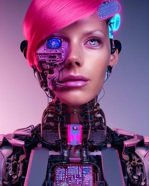 Image similar to portrait of a beautiful tan woman with pink hair as a cyberpunk cyborg half robot, revealing wires and electronics, hooked - up, sci - fi, missing panels, intricate abstract upper body intricate artwork, concept art, octane render, deviantart, cinematic, key art, hyperrealism, iridescent accents, portrait photograph, nikon 3 5 mm, photograph by greg rutkowski
