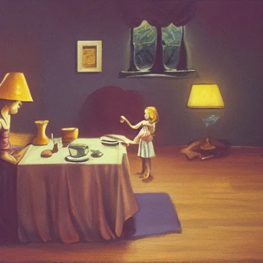 Image similar to the far side, phoenician casual by h. p. lovecraft. a beautiful performance art harmony of colors, simple but powerful composition. a scene of peaceful domesticity, with a mother & child in the center, surrounded by a few simple objects. colors are muted & calming, serenity & calm.