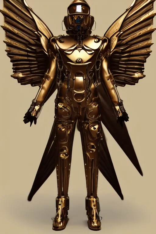Prompt: Steampunk Archangel, mechanical wings, gear halo, empty eyes, metallic bronze skin, golden tech robes, male looking, steampunk fantasy, extremely detailed, trending on artstation, realistic proportions