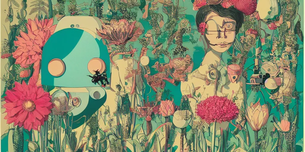 Image similar to gigantic head floating above huge insects, tiny robots, a lot of exotic flowers and plants, risograph!!!, flat surreal design, super - detailed, a lot of tiny details, fullshot, by luigi serafini