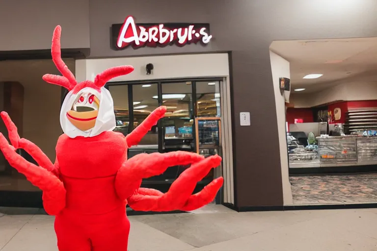 Image similar to person dressed up like a cute crab, in 2 0 1 8, at an arbys, street style, royalcore, low - light photograph, photography by tyler mitchell