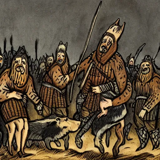 Prompt: the murder of 1 0 0 pigs by viking men dressed in wolves clothing. in wintertime. in the moonlight.