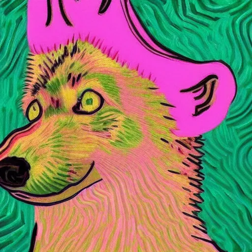 Prompt: retarded wolf portrait, van gogh style, pink, green