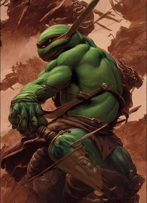 Image similar to elegant renaissance concept art of a male young muscular teenage mutant ninja turtle 1 9 9 0 film, full figure dynamic fighting pose, fantasy, intricate, highly detailed, digital painting, artstation, smooth, sharp focus, illustration, art by artgerm and greg rutkowski and alphonse mucha