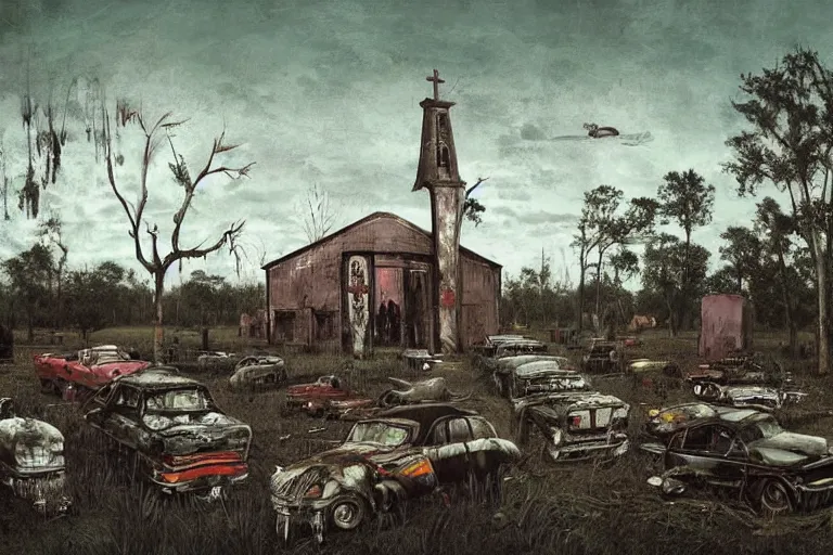 Prompt: scene from louisiana swamps, graveyard, portrait, canibal cult, old protestant church with neon satanic pentagram, junkyard by the road, boy scout troop, voodoo artwork by tim eitel