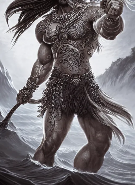 Prompt: a highly detailed illustration of serious long haired glowing tattooed asian tribal warrior god of the sea heroic battle pose, muscular, intricate, elegant, highly detailed, centered, digital painting, artstation, concept art, smooth, sharp focus, league of legends concept art, wlop.