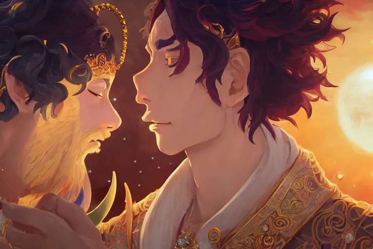 Image similar to close up moment of a divine a sun god and a moon goddess lovers magician at a wedding banquet, highly detailed, d & d, fantasy, 4 k realistic, digital painting, trending on artstation, concept art, sharp focus, illustration, art by makoto shinkai and akihiko yoshida and daniel gerhartz