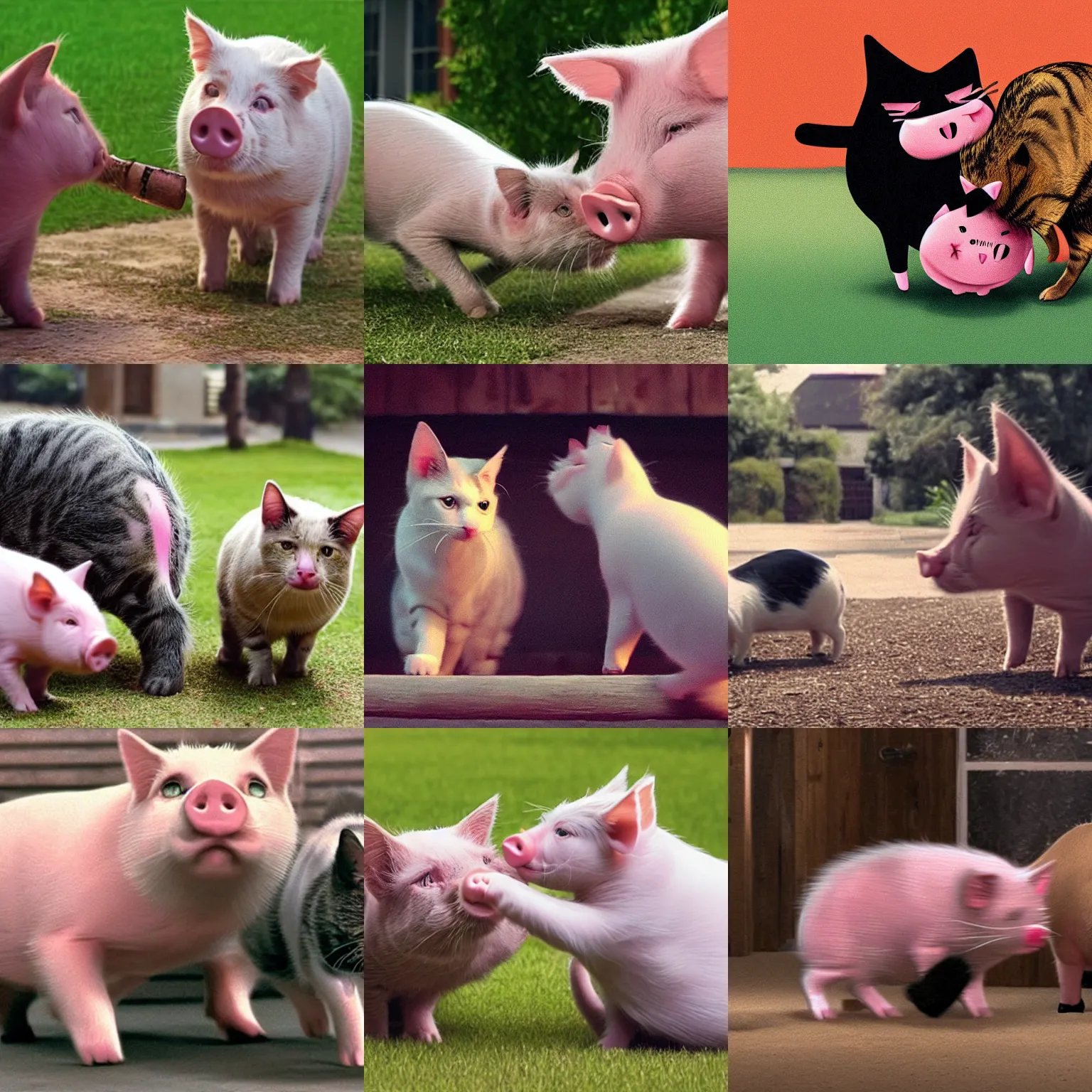 Prompt: cat and pig fight with each other, movie post