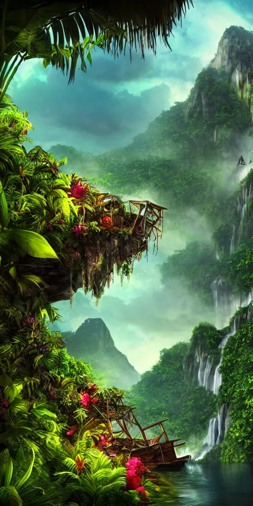 Image similar to a shipwreck at the bottom of a caribbean jungle cave, lush flora, waterfall, mountains, dark towering clouds, flowers, vines, sunset, volumetric lighting, rtx on, washed out colors, an award winning digital render, beautiful, ultradetailed, great composition