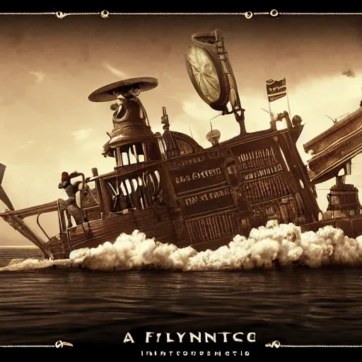 Image similar to a flying steampunk, steamboat from the 1 9 0 0 s with african mask on the front carrying black people across the mississippi river, bioshock infinite, detailed, behrens style, unreal 5 render, fantasy digital art, octane render, beautiful composition, trending on artstation