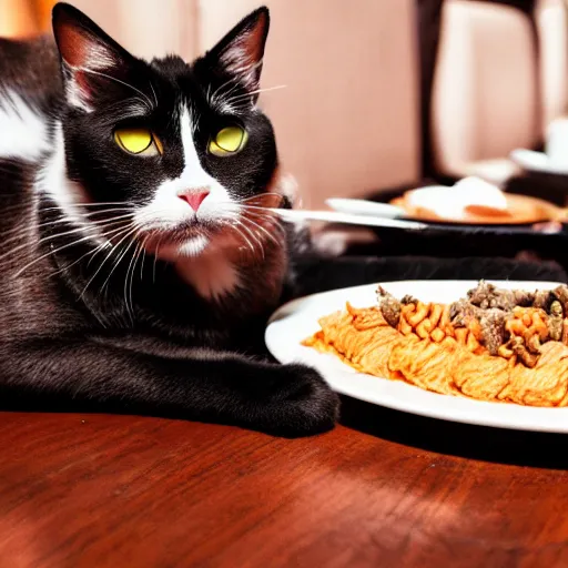 Image similar to A photo of a cat wearing a suit sitting in a fancy and expensive gourmet restaurant and eating a plate of cat food. f/2.8, dim lighting, award winning photo