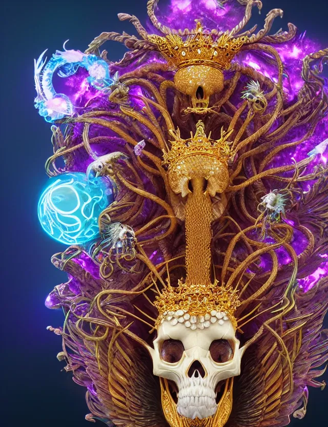 Image similar to goddess phoenix macro close - up portrait with crown made of ram skull. phoenix, betta fish, jellyfish, bioluminiscent, plasma, wind, creature, super intricate ornaments artwork by tooth wu and wlop and beeple and greg rutkowski