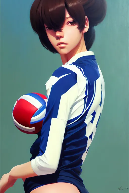 Prompt: a ultradetailed beautiful panting of a stylish woman wearing a volleyball jersey, oil painting, by ilya kuvshinov, greg rutkowski and makoto shinkai