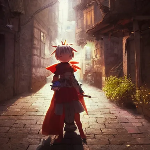 Prompt: Portrait of a Moogle Girl from Final Fantasy, huggy wuggy from poppy playtime video game sneaking through the streets of a medieval village at night, glowing lights, oil painting, Greg Rutkowski, Charlie Bowater, Beeple, unreal 5, DAZ, hyperrealistic, octane render, RPG portrait, dynamic lighting, fantasy art, beautiful face