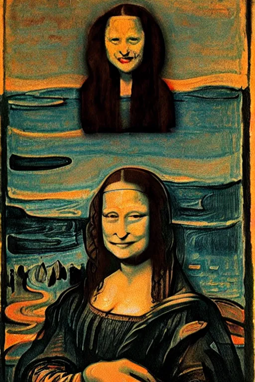 Prompt: “Mona Lisa in the painting The Scream by Edvard Munch. Mona Lisa is the one screaming with mouth open, you see.”