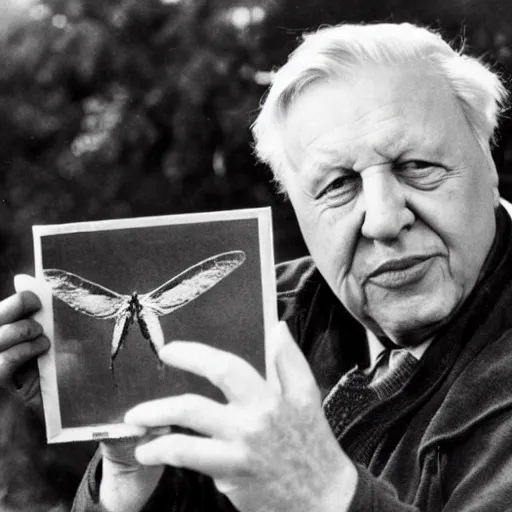 Image similar to Sir David Attenborough holding Mothman