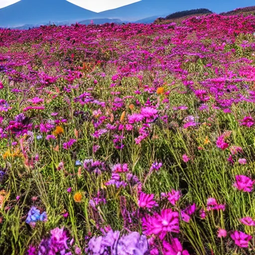 Prompt: Field of mixed flowers, Mount Fuji blurred in the background, good news on Sunday