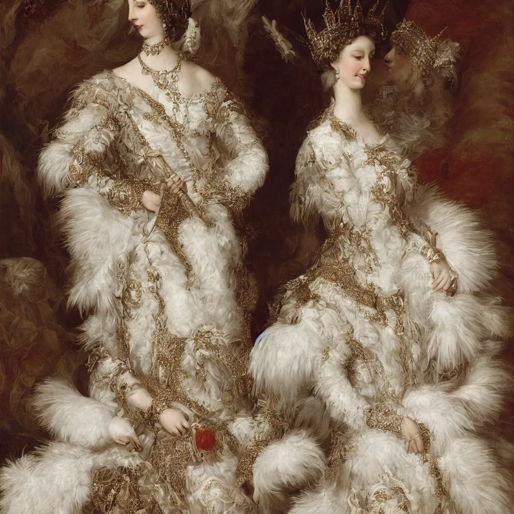 Image similar to queen _ with _ a _ decorated _ dress _ made _ of _ white _ pearls _ and _ white _ plumes _ of _ swan _ highly _ detailed _ digital _ painting