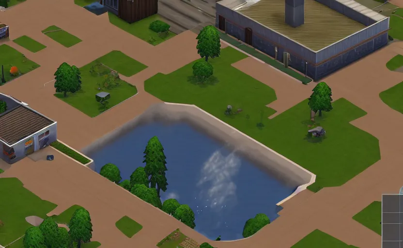 Image similar to bill gates pissing his pants in the sims 2, pc screenshot, zoomed out top down view