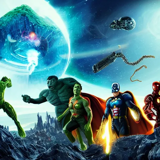 Image similar to the avengers battle one eldritch horror garfield in space, galaxy, hd, 8 k, explosions, gunfire, lasers, giant, epic, colorful, realistic photo, unreal engine, stars, prophecy, powerful, cinematic lighting, destroyed planet, debris, justice league, movie poster, violent, sinister, ray tracing, dynamic, print, epic composition