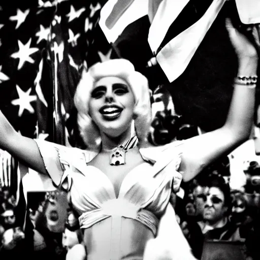 Image similar to Lady Gaga as Evita, Argentina presidential rally, Argentine flags behind, bokeh, epic photo, detailed, Argentina