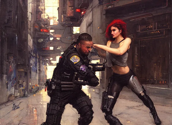 Prompt: sophia evades sgt griggs. Cyberpunk hitwoman escaping Cyberpunk policeman in combat gear. (police state, Cyberpunk 2077, blade runner 2049). Cyberpunk Iranian orientalist portrait by john william waterhouse and Edwin Longsden Long and Theodore Ralli and Nasreddine Dinet, oil on canvas. Cinematic, Dramatic lighting.