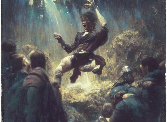 Image similar to polaroid movie still of of isaac newton screaming to the camera at the movie set, artwork by gaston bussiere, craig mullins, trending on artstation