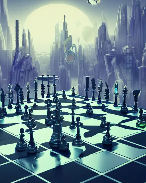 Image similar to chessboard scientist, scifi, ( ( abstract environment ) ), wise android, detailed, flying drones, futuristic palace, full of color, perfect, cold light, 8 k high detail, masterpiece, trending on artstation