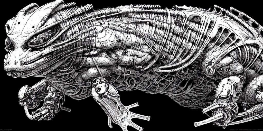 Image similar to a cyborg axolotl. ultrafine hyperdetailed illustration by kim jung gi and hans ruedi giger.