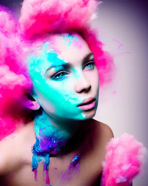 Image similar to a dramatic lighting photo of a beautiful young woman with cotton candy hair. paint splashes. with a little bit of cyan and pink